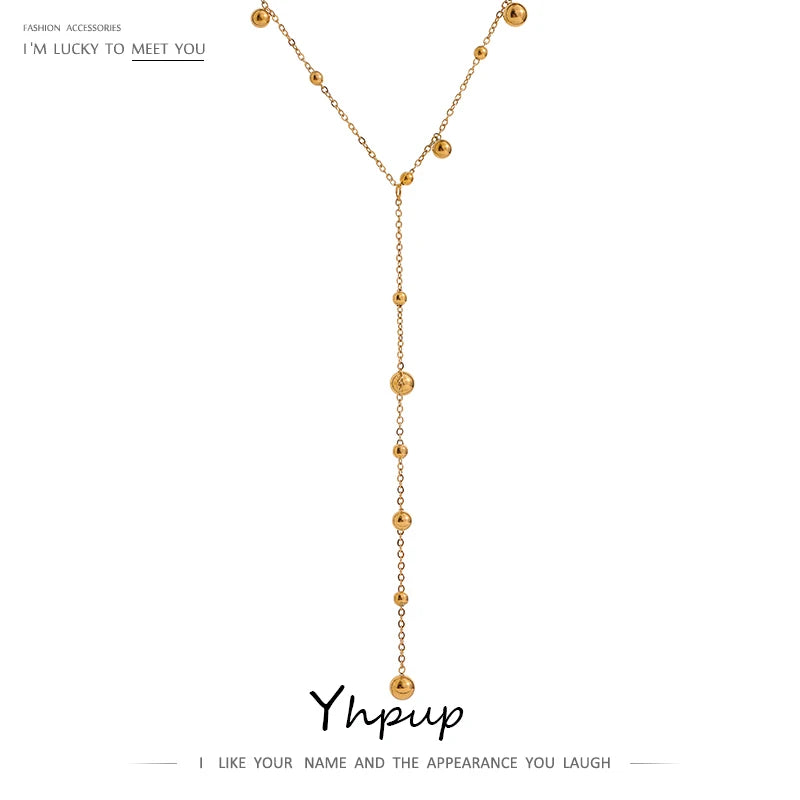 Yhpup Stainless Steel Bead Long Pendant Necklace Minimalist 18 K PVD