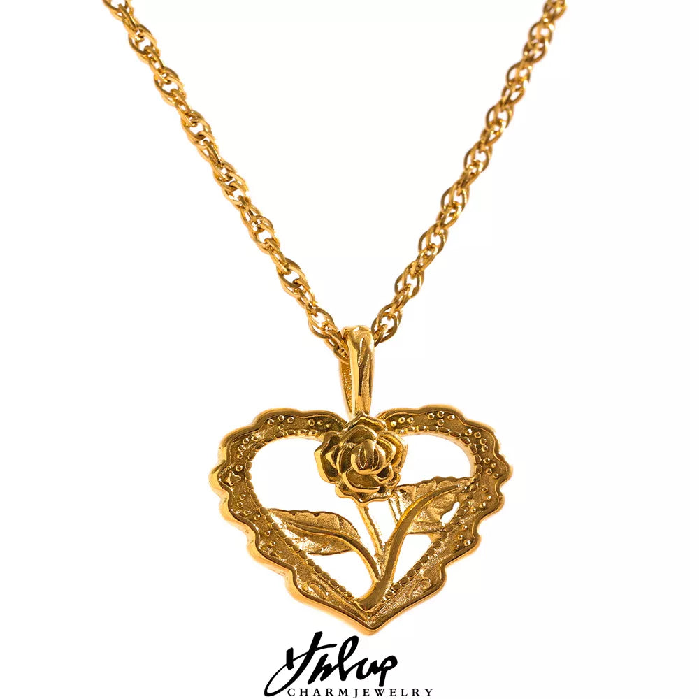 Yhpup Charm Stainless Steel Heart Hollow Cast Flower Pendant Gold