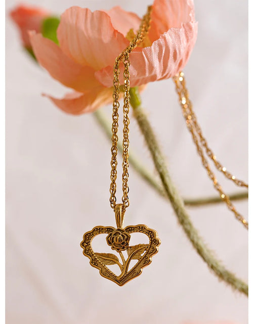 Load image into Gallery viewer, Yhpup Charm Stainless Steel Heart Hollow Cast Flower Pendant Gold
