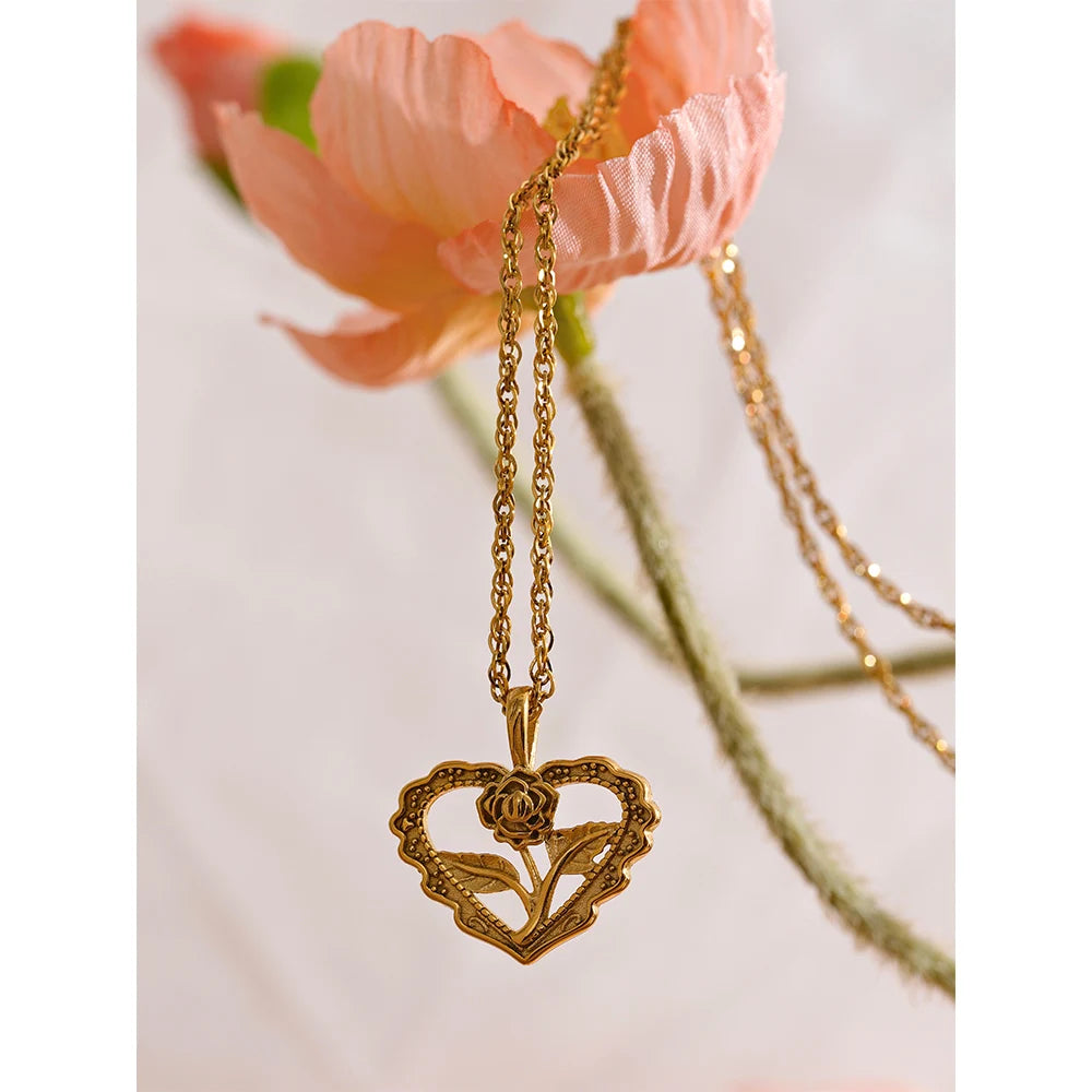 Yhpup Charm Stainless Steel Heart Hollow Cast Flower Pendant Gold