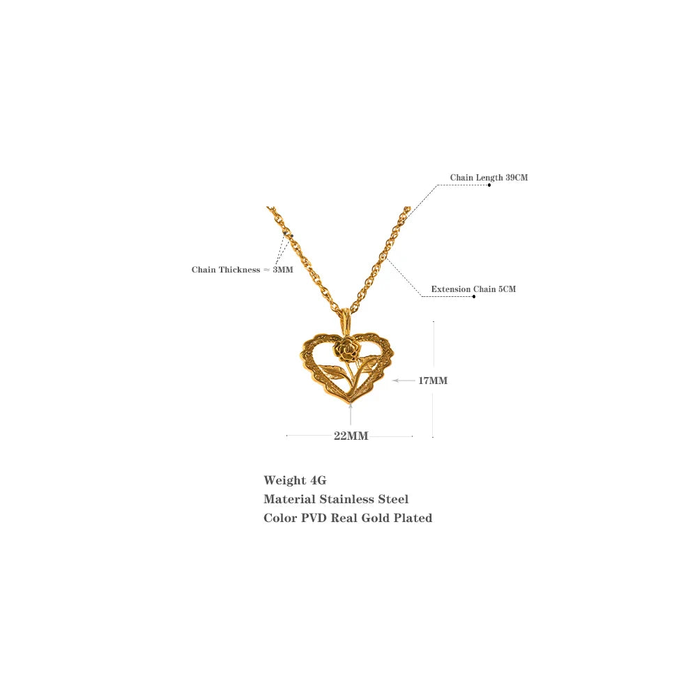 Yhpup Charm Stainless Steel Heart Hollow Cast Flower Pendant Gold