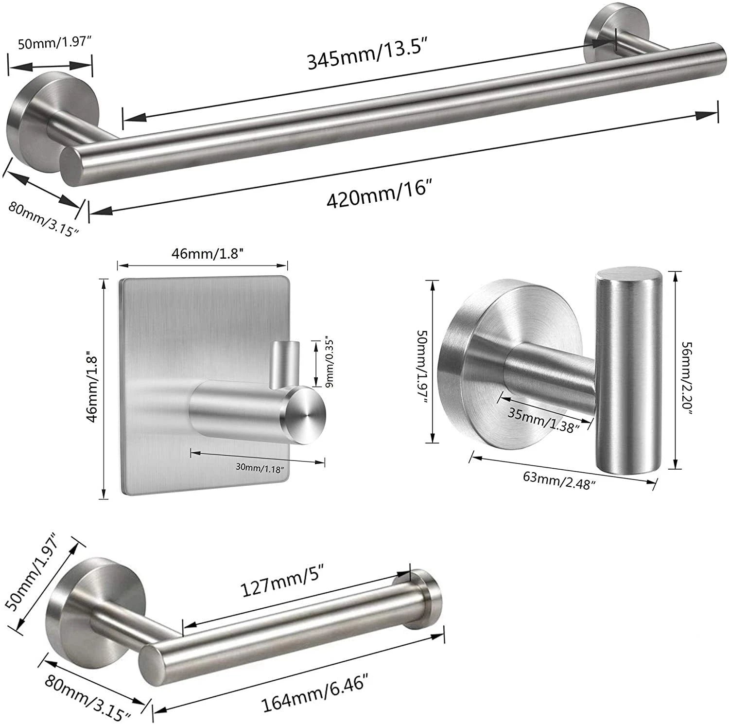 Stainless Steel Bathroom Hardware Set Robe Hook Towel Rail Bar Rack