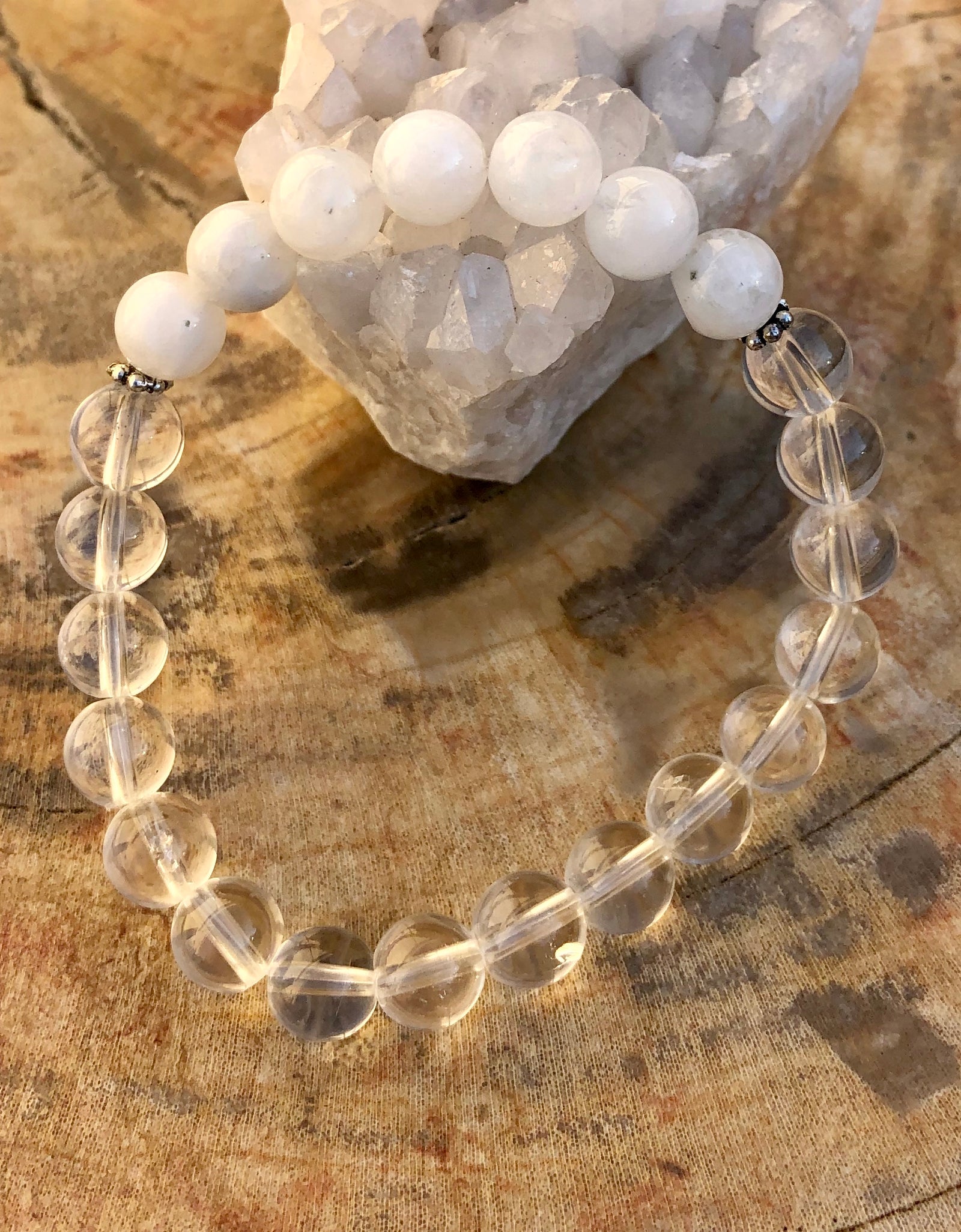 Rainbow Moonstone & Crystal Quartz Stretch Bracelet! Genuine Crystals!